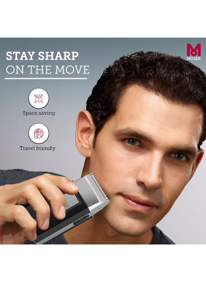 MOSER - Mobile Shaver, Cordless Precision Shaver With Ultra-Close Cut Foil, Compact Design, Soft-Touch Ergonomic Design, Space-Saving Travel Pouch Included (3615-0052) Black/Silver - Image 1