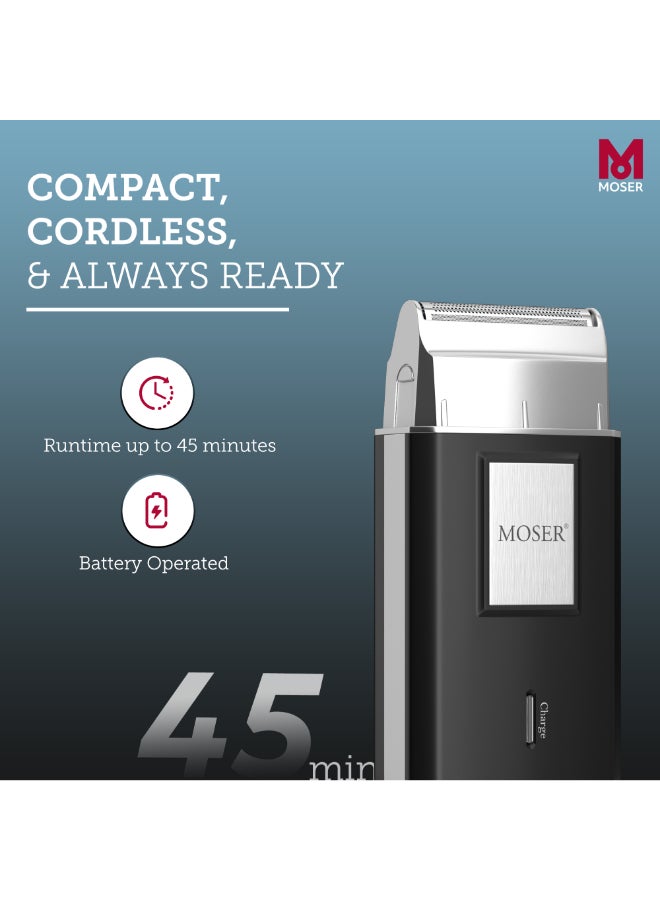 MOSER - Mobile Shaver, Cordless Precision Shaver With Ultra-Close Cut Foil, Compact Design, Soft-Touch Ergonomic Design, Space-Saving Travel Pouch Included (3615-0052) Black/Silver - Image 1