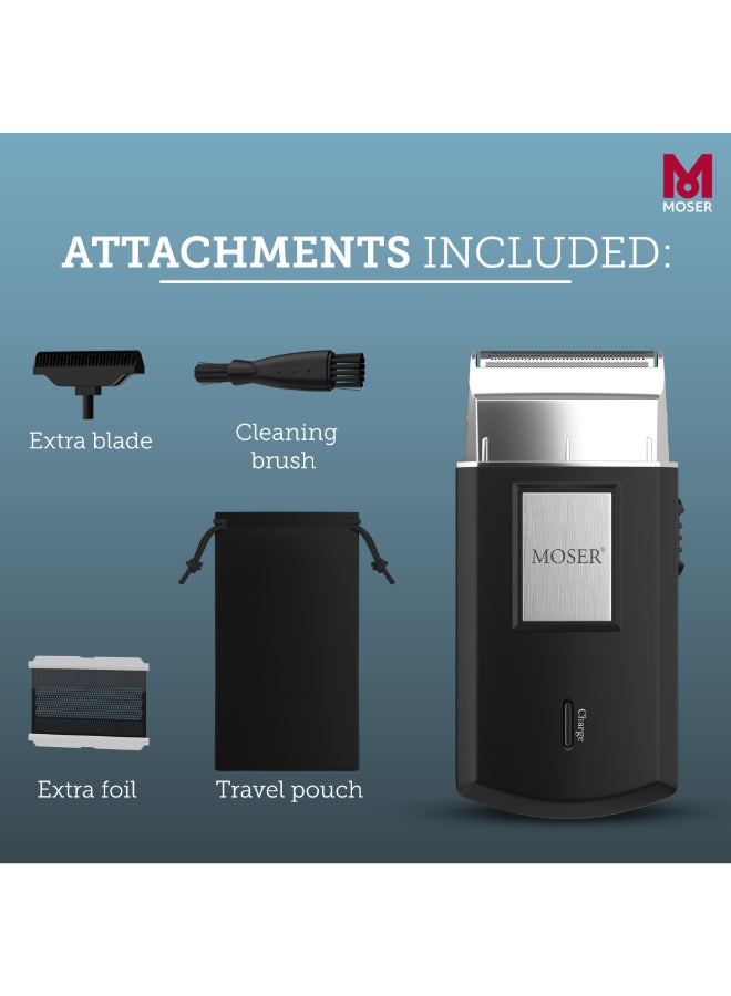 MOSER - Mobile Shaver, Cordless Precision Shaver With Ultra-Close Cut Foil, Compact Design, Soft-Touch Ergonomic Design, Space-Saving Travel Pouch Included (3615-0052) Black/Silver - Image 1
