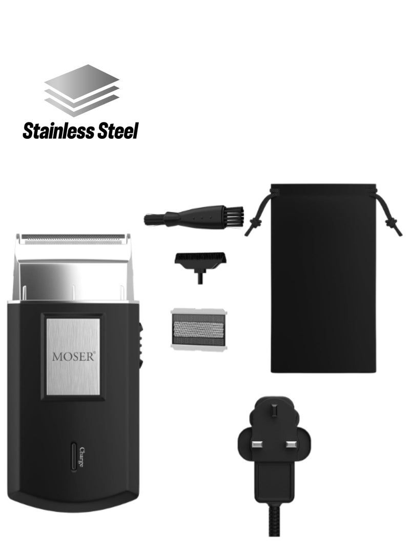MOSER - Mobile Shaver, Cordless Precision Shaver With Ultra-Close Cut Foil, Compact Design, Soft-Touch Ergonomic Design, Space-Saving Travel Pouch Included (3615-0052) Black/Silver - Image 1