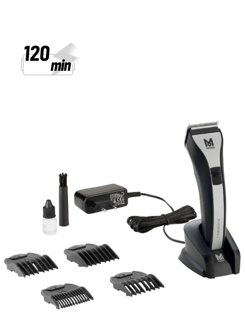 MOSER - Chrom2Style Professional Cordless Hair Clipper For Men (Made In Germany) | Diamond Blade With Quick Change System | 120 Min Run Time And 6 Attachment Combs (1877-0150) Black/Silver - Image 1