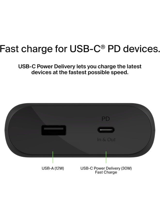 belkin - BoostCharge USB C Power Bank 20000mAh - 30W PD Fast Charger w/USB-C And USB Ports, Chargers For Macbook Pro/iPad Pro 11/12.9 Inch/ iPhone 15/ 14 Or Older, Google, Samsung, Huawei Black - Image 1