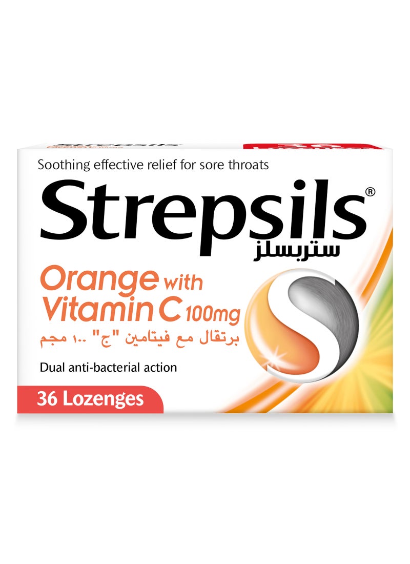 Strepsils Orange With Vitamin C Dual Anti-Bacterial Action Fast Effective Relief From Sore Throats 36 Lozenges  - Image 1