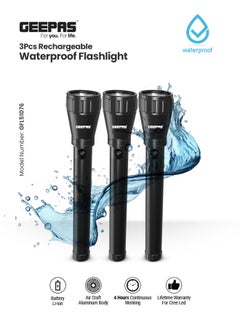 GEEPAS 3Pcs - Rechargeable Water Proof LED Flashlight with Hyper Bright Cool White LED, Aircraft Grade Aluminum Body, Ideal for Trekking, Camping & More.. Black  - Image 1