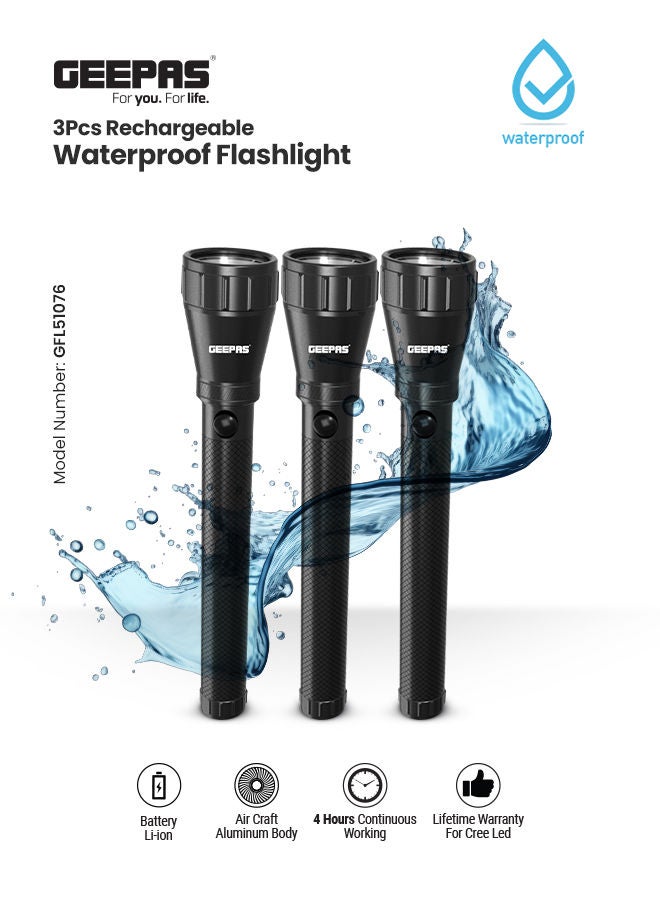 GEEPAS 3Pcs - Rechargeable Water Proof LED Flashlight with Hyper Bright Cool White LED, Aircraft Grade Aluminum Body, Ideal for Trekking, Camping & More.. Black  - Image 1