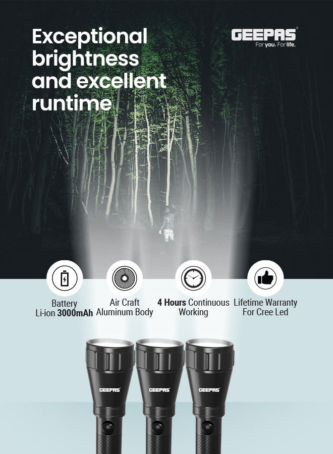 GEEPAS 3Pcs - Rechargeable Water Proof LED Flashlight with Hyper Bright Cool White LED, Aircraft Grade Aluminum Body, Ideal for Trekking, Camping & More.. Black  - Image 5