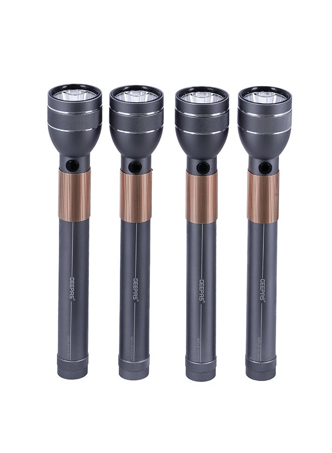 GEEPAS - 4 In 1 Rechargeable Waterproof LED Flashlight - 330 Lumens Super bright Light with 4 Hours Continuous Working| Ideal for Camping, Trekking, Patrolling & More Gunmetal & Golden - Image 1