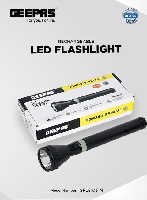 Rechargeable LED Flashlight - LED Torch with 2000 Meters Range, Portable Design & 4 Hours Working |Perfect for Camping Bicycle Hiking & Emergency Black/White 285mm