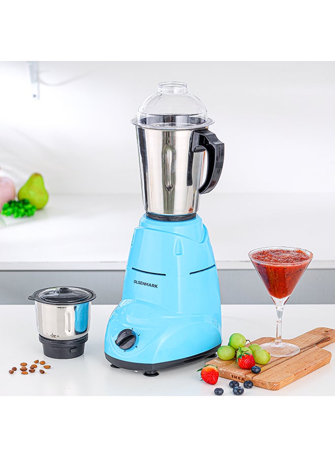 2 In 1 Indian Mixer Grinder, Juicer Stainless Steel Jars And Blades, 1.5 L 600 W OMSB2218K Blue/Black/Silver