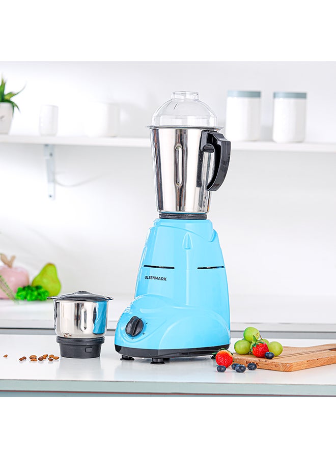 2 In 1 Indian Mixer Grinder, Juicer Stainless Steel Jars And Blades, 1.5 L 600 W OMSB2218K Blue/Black/Silver