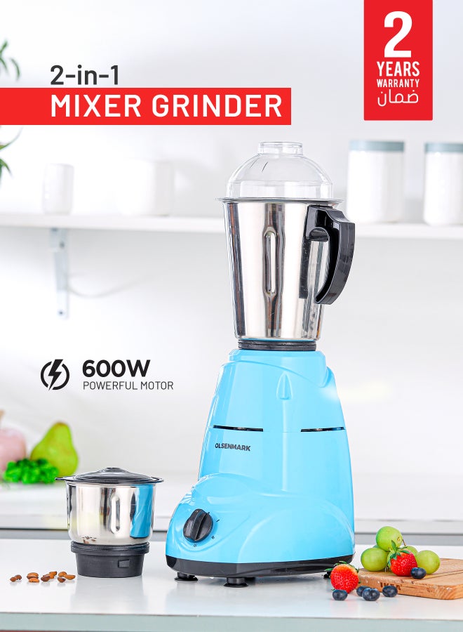 Olsenmark 2 In 1 Indian Mixer Grinder, Juicer Stainless Steel Jars And Blades, 1.5 L 600 W OMSB2218K Blue/Black/Silver - Image 1