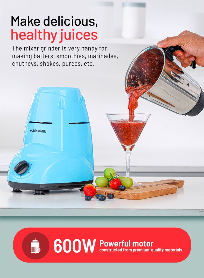 Olsenmark 2 In 1 Indian Mixer Grinder, Juicer Stainless Steel Jars And Blades, 1.5 L 600 W OMSB2218K Blue/Black/Silver - Image 3