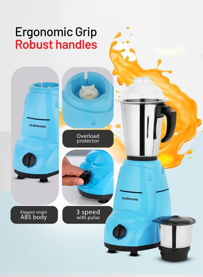 Olsenmark 2 In 1 Indian Mixer Grinder, Juicer Stainless Steel Jars And Blades, 1.5 L 600 W OMSB2218K Blue/Black/Silver - Image 2