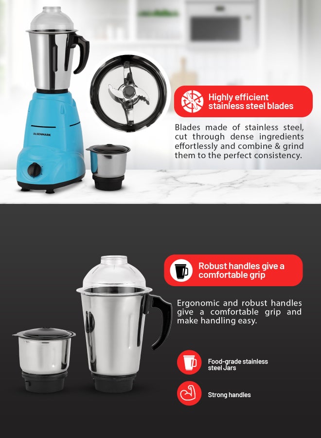 Olsenmark 2 In 1 Indian Mixer Grinder, Juicer Stainless Steel Jars And Blades, 1.5 L 600 W OMSB2218K Blue/Black/Silver - Image 4