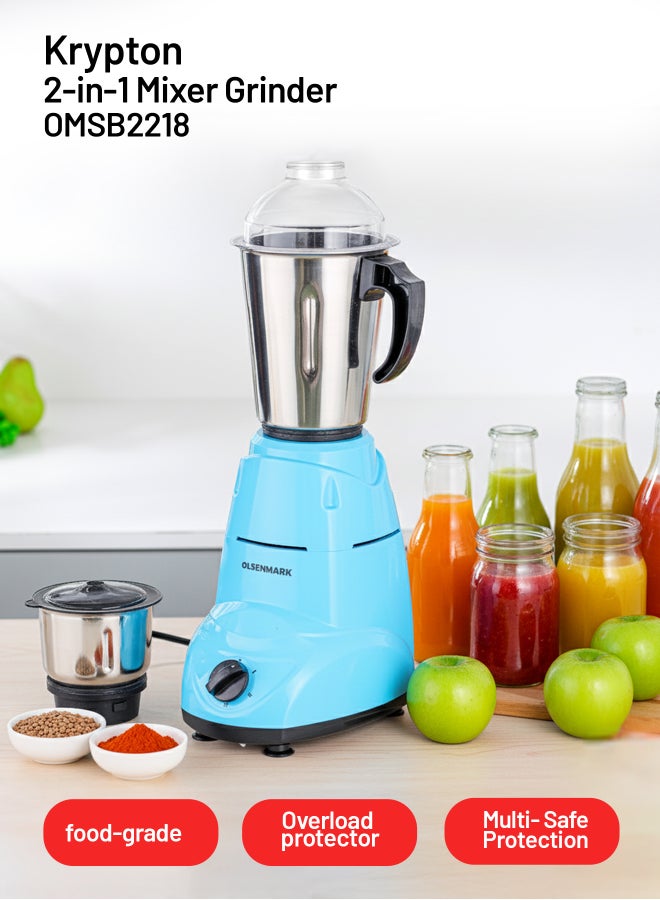 Olsenmark 2 In 1 Indian Mixer Grinder, Juicer Stainless Steel Jars And Blades, 1.5 L 600 W OMSB2218K Blue/Black/Silver - Image 5