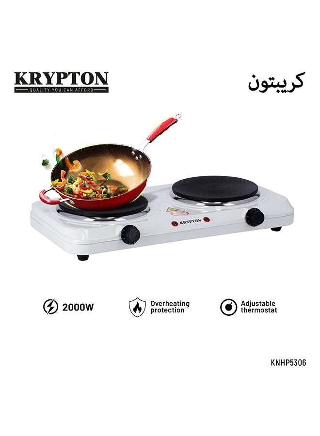 KRYPTON - Double Electric Hot Plate with Solid Hot Plates of 155+155 mm, Equipped with Adjustable Thermostat and Overheat Protection and Ideal for Boiling, Sautéing, Frying and Other Cooking Tasks 2000 W KNHP5306N White - Image 1