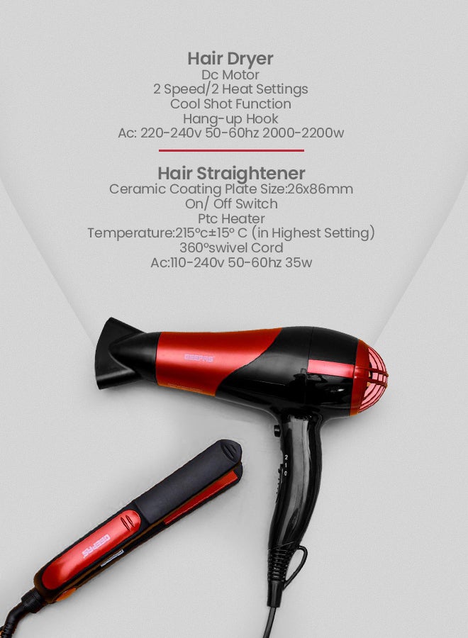 GEEPAS - Hair Dryer & Hair Straightener, 2 Speed Settings, GHF86036, 2-in-1 Travel Kit of Dryer & Straightener, Professional Styler, Ceramic Coating Plates Red/Black - Image 1