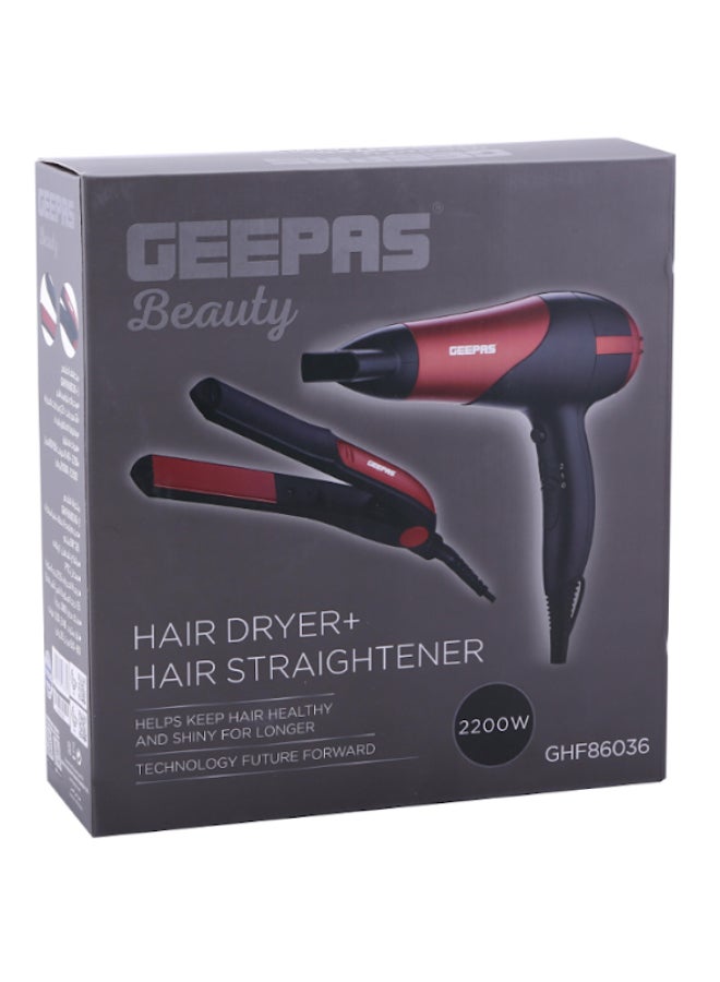 GEEPAS - Hair Dryer & Hair Straightener, 2 Speed Settings, GHF86036, 2-in-1 Travel Kit of Dryer & Straightener, Professional Styler, Ceramic Coating Plates Red/Black - Image 1