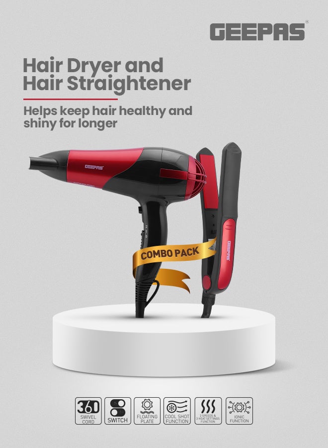 GEEPAS - Hair Dryer & Hair Straightener, 2 Speed Settings, GHF86036, 2-in-1 Travel Kit of Dryer & Straightener, Professional Styler, Ceramic Coating Plates Red/Black - Image 1