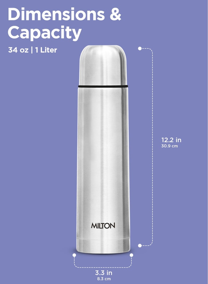 Milton - 1000ml Thermosteel Flask with Jacket, Keeps Drinks Hot and Cold for 24 Hours, 18/8 Stainless Steel, Double-Walled Vacuum Insulated Water Bottle with Inner Copper Coating - Flip Lid Silver 1Liters - Image 1