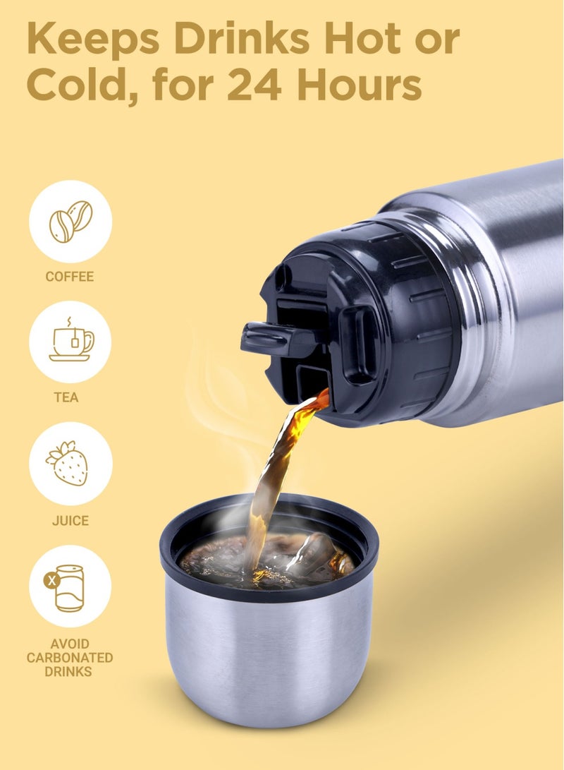 Milton - 1000ml Thermosteel Flask with Jacket, Keeps Drinks Hot and Cold for 24 Hours, 18/8 Stainless Steel, Double-Walled Vacuum Insulated Water Bottle with Inner Copper Coating - Flip Lid Silver 1Liters - Image 1