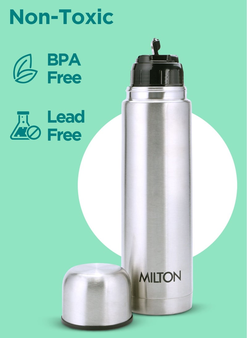Milton - 1000ml Thermosteel Flask with Jacket, Keeps Drinks Hot and Cold for 24 Hours, 18/8 Stainless Steel, Double-Walled Vacuum Insulated Water Bottle with Inner Copper Coating - Flip Lid Silver 1Liters - Image 1