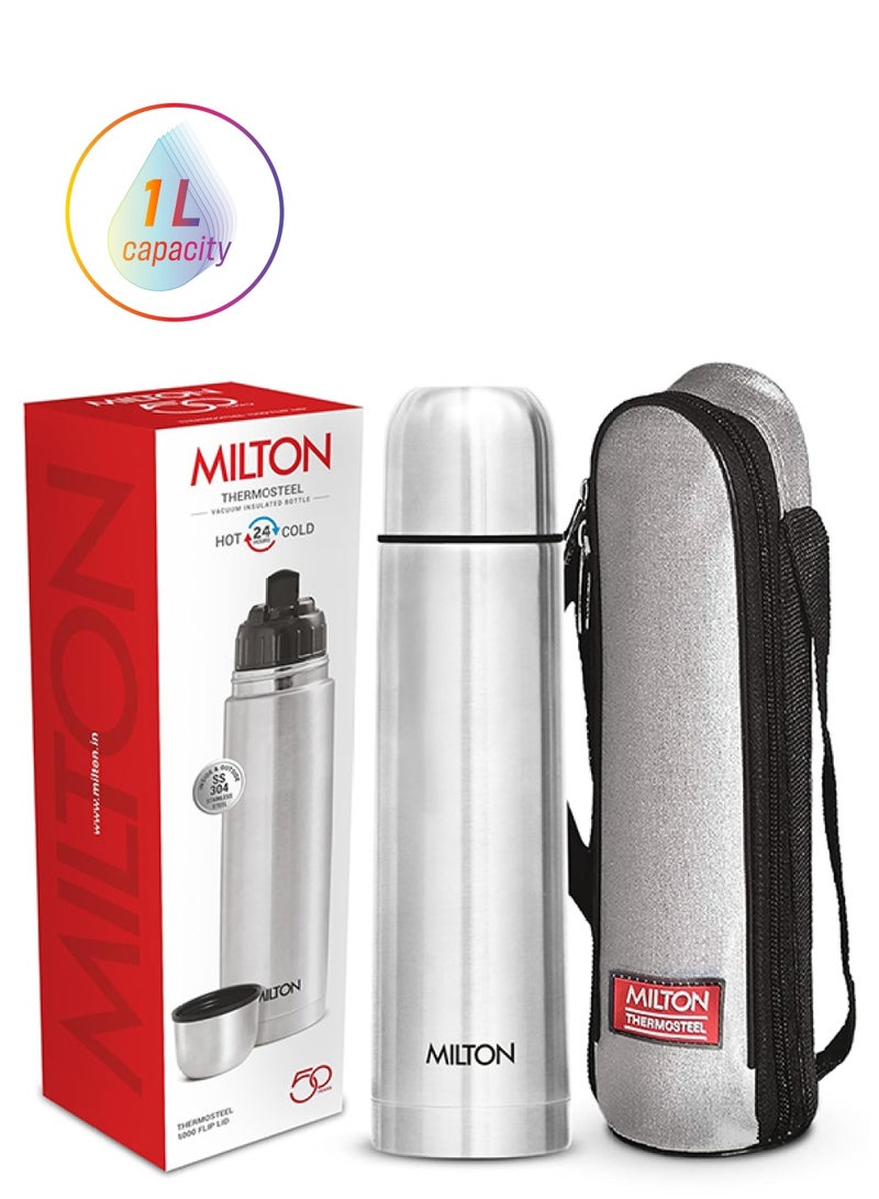 Milton - 1000ml Thermosteel Flask with Jacket, Keeps Drinks Hot and Cold for 24 Hours, 18/8 Stainless Steel, Double-Walled Vacuum Insulated Water Bottle with Inner Copper Coating - Flip Lid Silver 1Liters - Image 1