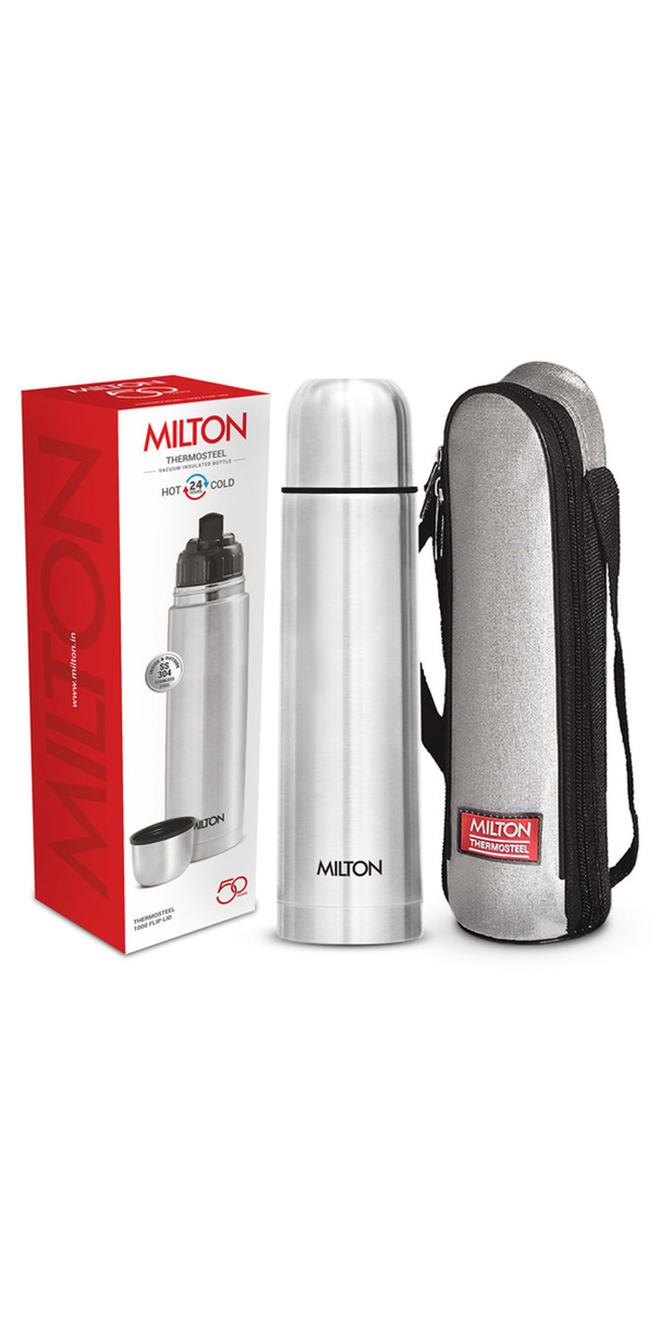 Milton 1000ml Thermosteel Flask with Jacket, Keeps Drinks Hot and Cold for 24 Hours, 18/8 Stainless Steel, Double-Walled Vacuum Insulated Water Bottle with Inner Copper Coating - Flip Lid Silver 1Liters Silver 1Liters - Image 1