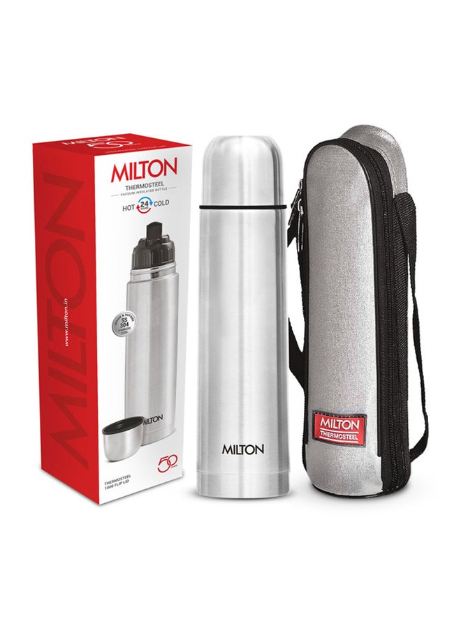 Milton Thermosteel Flip Lid 1000, Double Walled Vacuum Insulated Thermos 1000 ml | 34 oz | 1 Ltr | 24 Hours Hot and Cold Water Bottle with Cover, Stainless Steel, BPA Free,Leak Proof | Silver Silver 1Liters