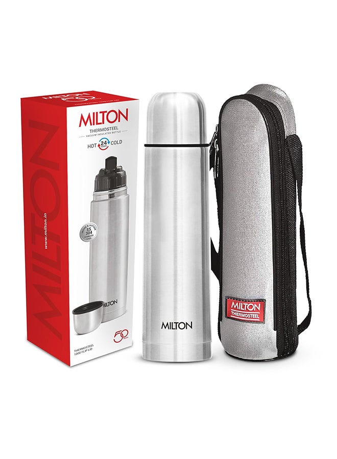 Milton Thermosteel Flip Lid Flask 350, Double Walled Vacuum Insulated Thermos 350 ml | 12 oz | 24 Hours Hot and Cold Water Bottle with Cover, 18/8 Stainless Steel, BPA Free,Leak-Proof Silver/Black 0.35Liters  - Image 1