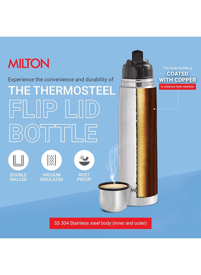 Milton Thermosteel Flip Lid Flask 350, Double Walled Vacuum Insulated Thermos 350 ml | 12 oz | 24 Hours Hot and Cold Water Bottle with Cover, 18/8 Stainless Steel, BPA Free,Leak-Proof Silver/Black 0.35Liters  - Image 2
