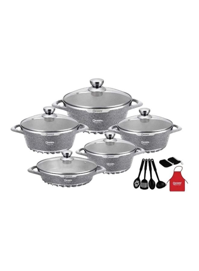 DESSINI 17-Piece Granite Cookware Set Grey 5 x Casserole 20, 24, 28, 32, 28cm 