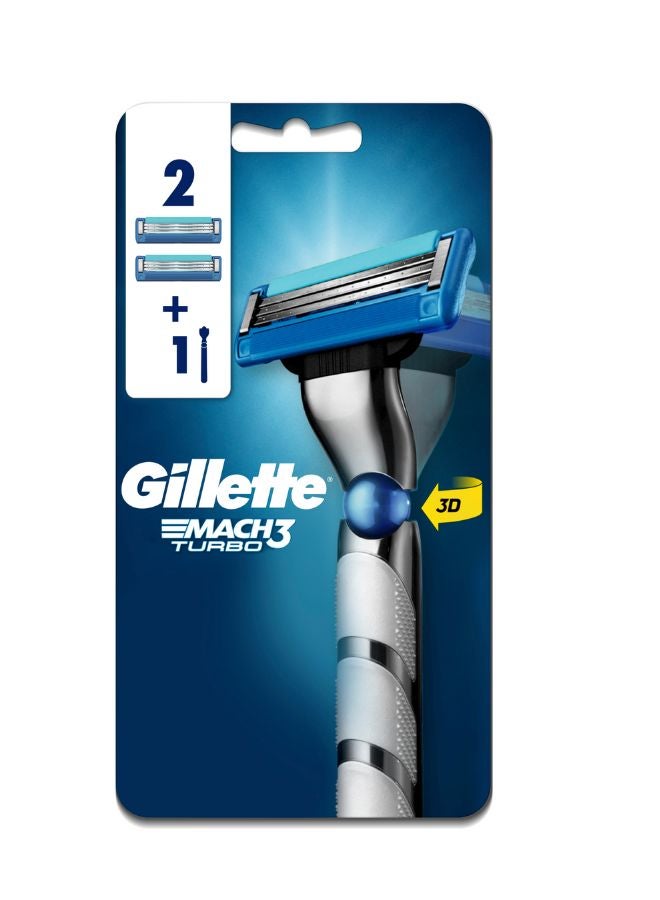 Gillette - Mach3 Turbo 3D Razor Handle + 2 Blades Silver/Blue - Image 1