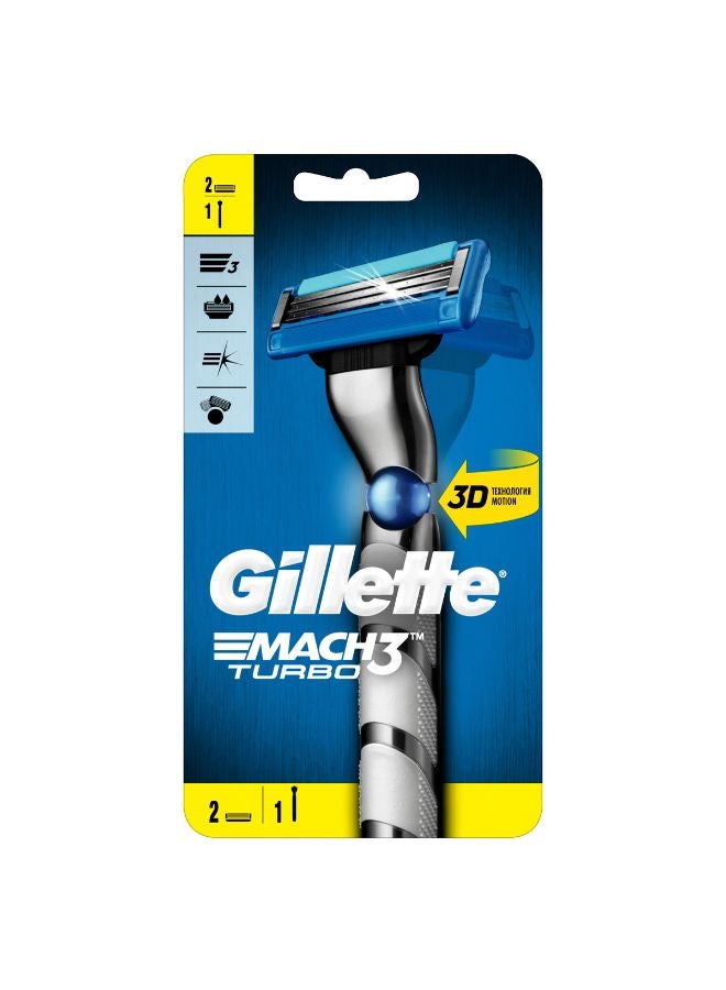 Gillette - Mach3 Turbo 3D Razor Handle + 2 Blades Silver/Blue - Image 1