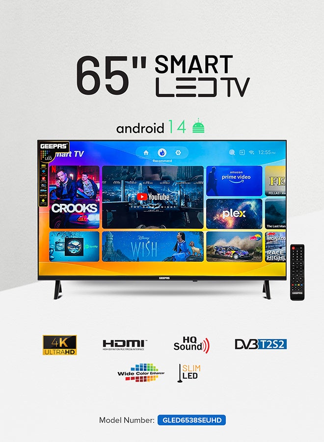 جيباس تلفزيون LED ذكي 65 بوصة بدون حواف 4K UHD، تلفزيون مع جهاز تحكم عن بعد، منافذ HDMI وUSB، مقبس سماعة الرأس، مدخل صوت للكمبيوتر الشخصي | Wi-Fi، Android 9.0 مع E-Share | YouTube، Netflix، Amazon Prime - Image 1