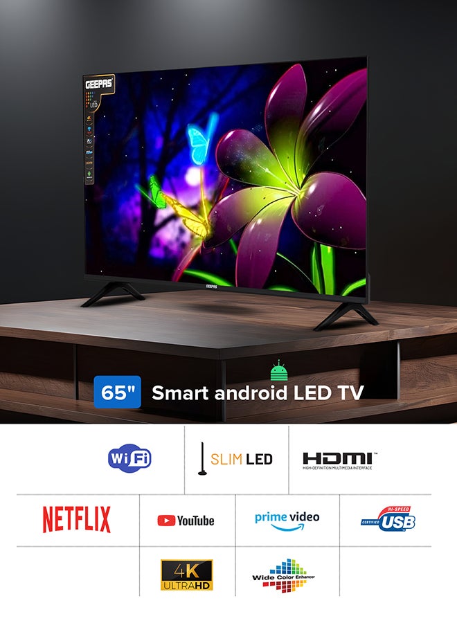 جيباس تلفزيون LED ذكي 65 بوصة بدون حواف 4K UHD، تلفزيون مع جهاز تحكم عن بعد، منافذ HDMI وUSB، مقبس سماعة الرأس، مدخل صوت للكمبيوتر الشخصي | Wi-Fi، Android 9.0 مع E-Share | YouTube، Netflix، Amazon Prime - Image 2