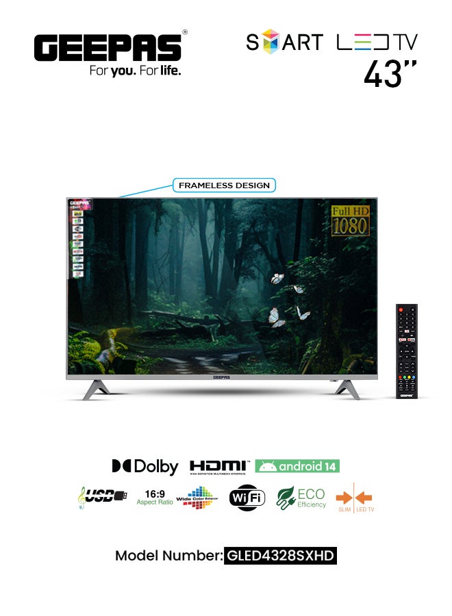 43" Frameless HD Smart LED TV With Remote Control,HDMI & USB Ports, Head Phone Jack, PC Audio In,Wi-Fi, Android 14.0 with E-Share, YouTube, Netflix GLED4328SXHD Black 