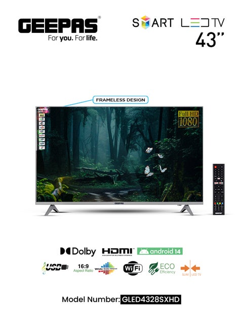 43" Frameless HD Smart LED TV With Remote Control,HDMI & USB Ports, Head Phone Jack, PC Audio In,Wi-Fi, Android 14.0 with E-Share, YouTube, Netflix GLED4328SXHD Black