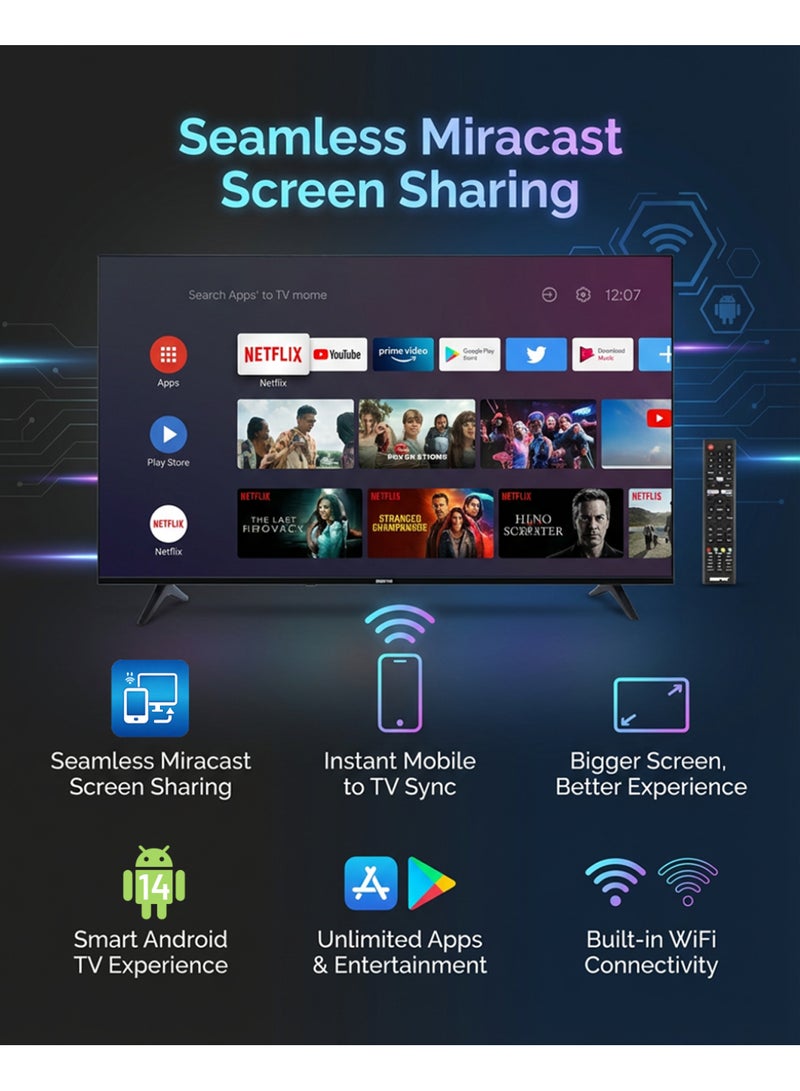 GEEPAS 43" Frameless HD Smart LED TV With Remote Control,HDMI & USB Ports, Head Phone Jack, PC Audio In,Wi-Fi, Android 14.0 with E-Share, YouTube, Netflix GLED4328SXHD Black - Image 5