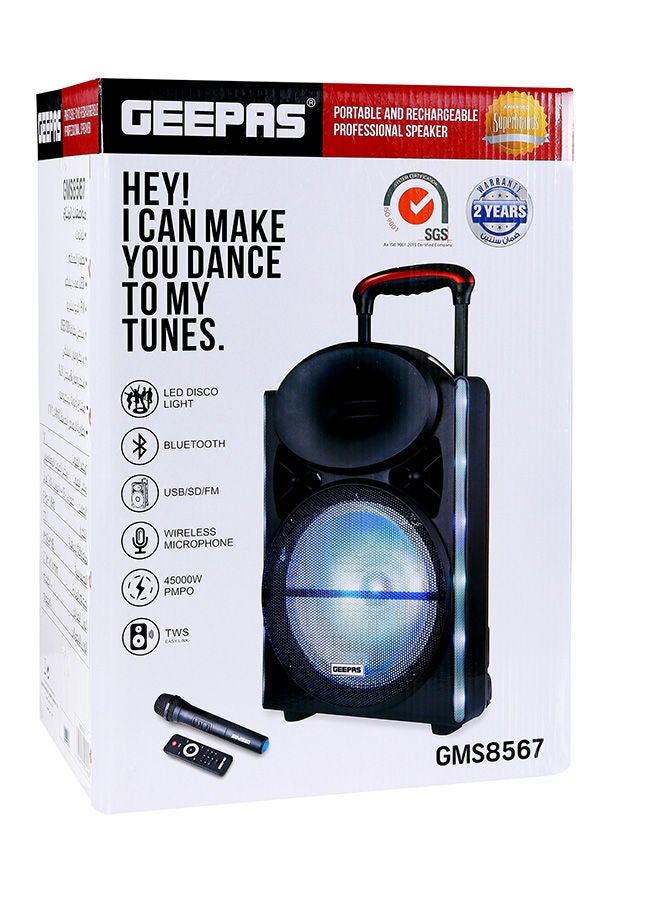 GEEPAS - 12-Inch Trolley Bluetooth Speaker - Portable Wireless Microphones, Rechargeable Battery | Karaoke DJ Speaker | LED Lights |Trolley Handle, Colorful Disco Light Effects, Remote Control GMS8567 Black - Image 1