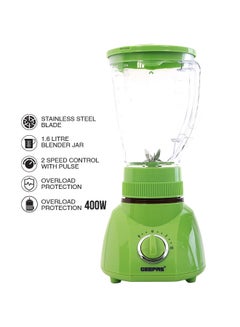GEEPAS 3-in-1 Blender, 1.6L Blender Jar Mixer Grinder with Dry Mill & Mincer Attachments | 2 Speed with Pulse Function | Wet Jar, Dry Jar and Chutney Jar 1.6 L 400 W GSB1514N Green/Clear  - Image 1