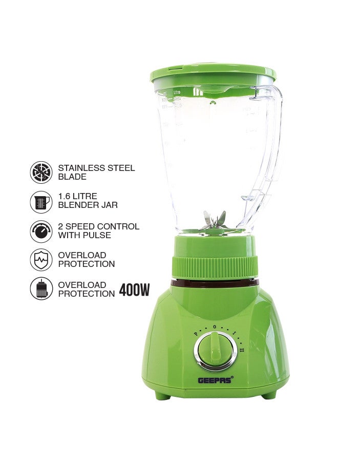 GEEPAS - 3-in-1 Blender, 1.6L Blender Jar Mixer Grinder with Dry Mill & Mincer Attachments | 2 Speed with Pulse Function | Wet Jar, Dry Jar and Chutney Jar 1.6 L 400 W GSB1514N Green/Clear - Image 1