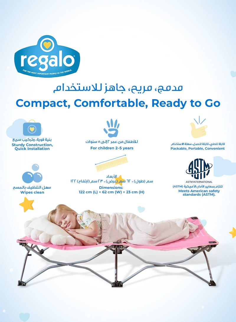 Regalo My Cot® Portable Toddler Bed | 118cm x 61cm x 24cm | Foldable Travel Cot for Kids | Sturdy Metal Frame | Waterproof & Easy to Clean | Lightweight & Compact | ASTM Certified - Image 4