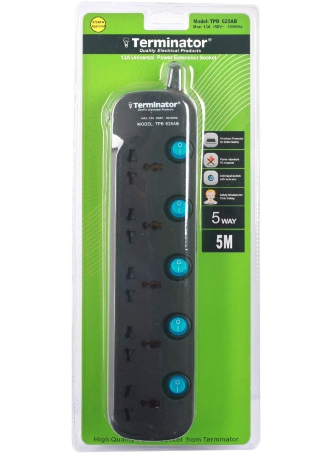 Terminator 5 Way Universal Power Extension Socket Black 5meter  - Image 2