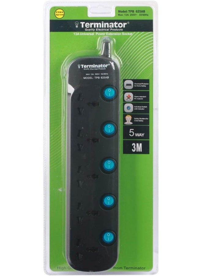 Terminator 5 Way Universal Power Extension Socket Black 3meter  - Image 3