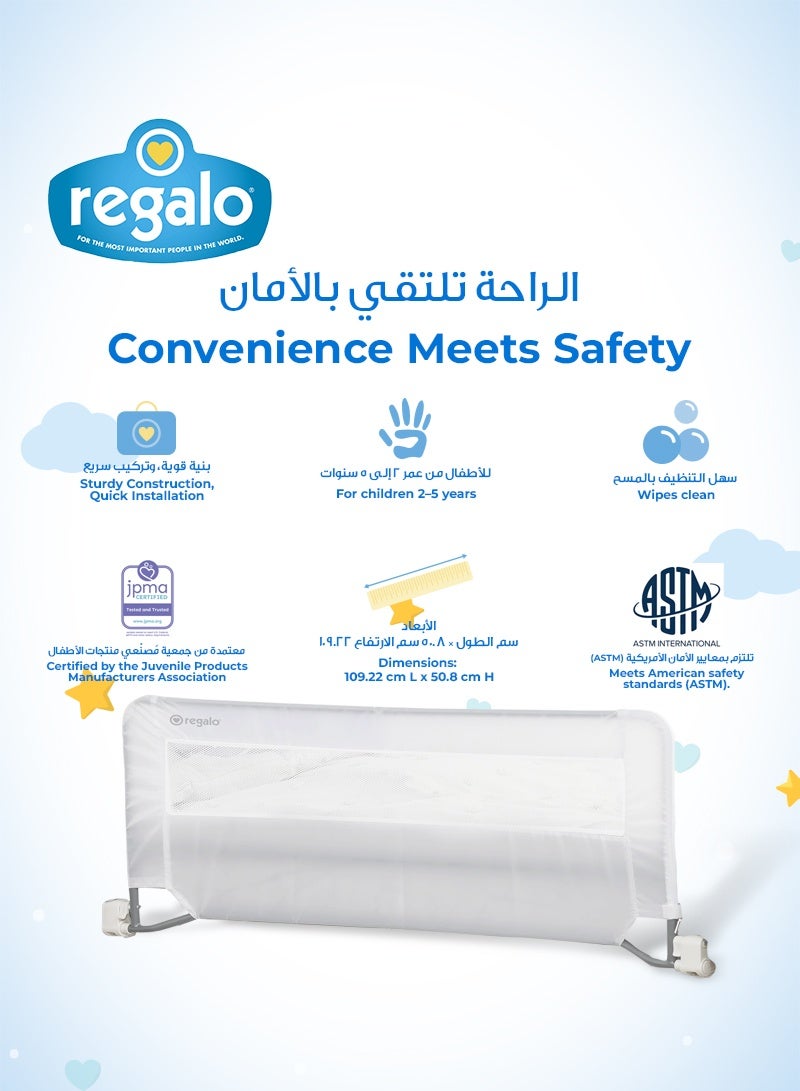 Regalo Swing Down Bed Rail | Safe & Convenient Bed Barrier for Toddlers | Sturdy Metal Frame | Easy Installation | Wipeable Cover | Fits Queen-Sized Mattress | 109.2x50.8 CM - Image 4