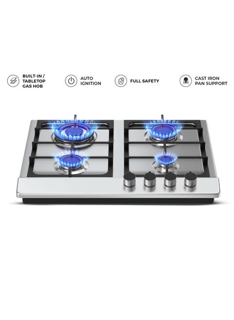 4 Burner Gas Hob With Auto Ignition, Cast Iron Support, Full Safety Features, Straight Flame, Stainless Steel Body, Rapid Burner, Semi-Rapid Burner, Auxiliary Burner NGH3005N Silver