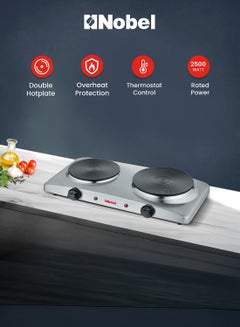Nobel Electric Dual Hot Plate with Overheat Protection and Indication Light  and 185mm + 155 mm Hot Plate 2500 W NHP402SS Silver  - Image 1