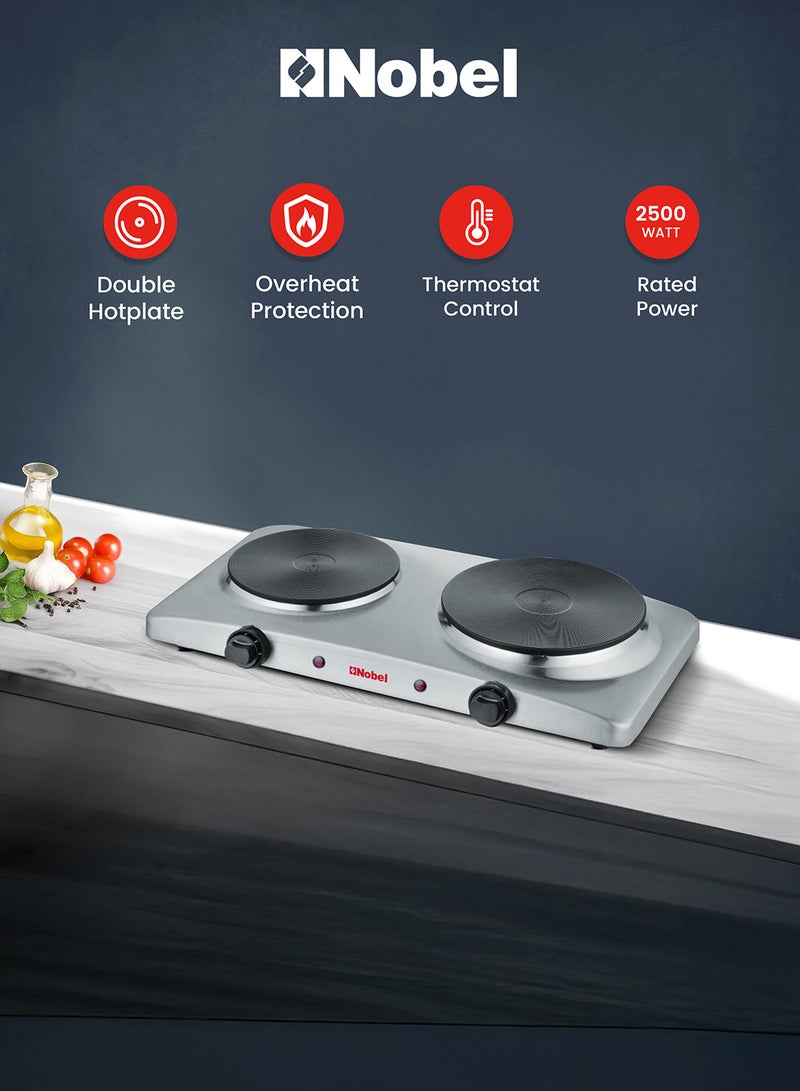 Nobel - Electric Dual Hot Plate with Overheat Protection and Indication Light  and 185mm + 155 mm Hot Plate 2500 W NHP402SS Silver - Image 1