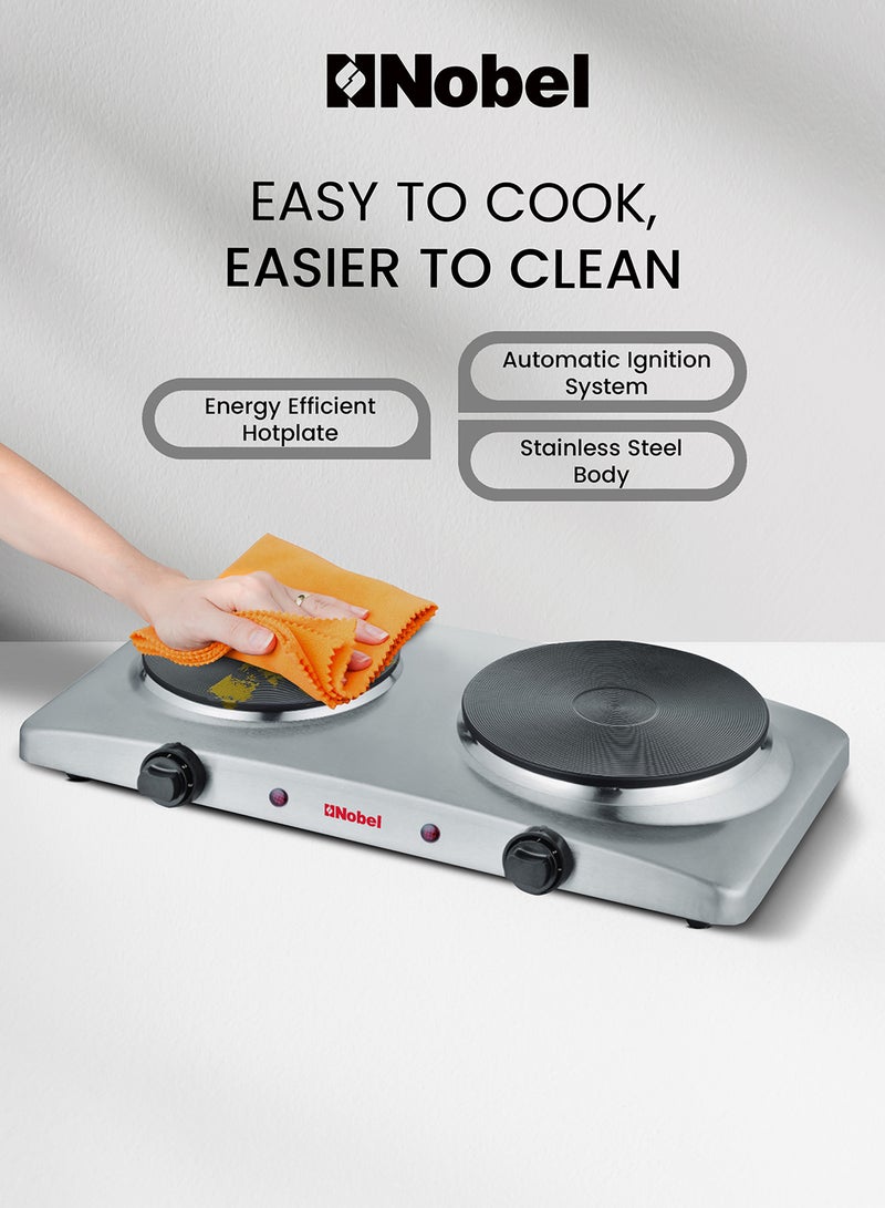 Nobel - Electric Dual Hot Plate with Overheat Protection and Indication Light  and 185mm + 155 mm Hot Plate 2500 W NHP402SS Silver - Image 1